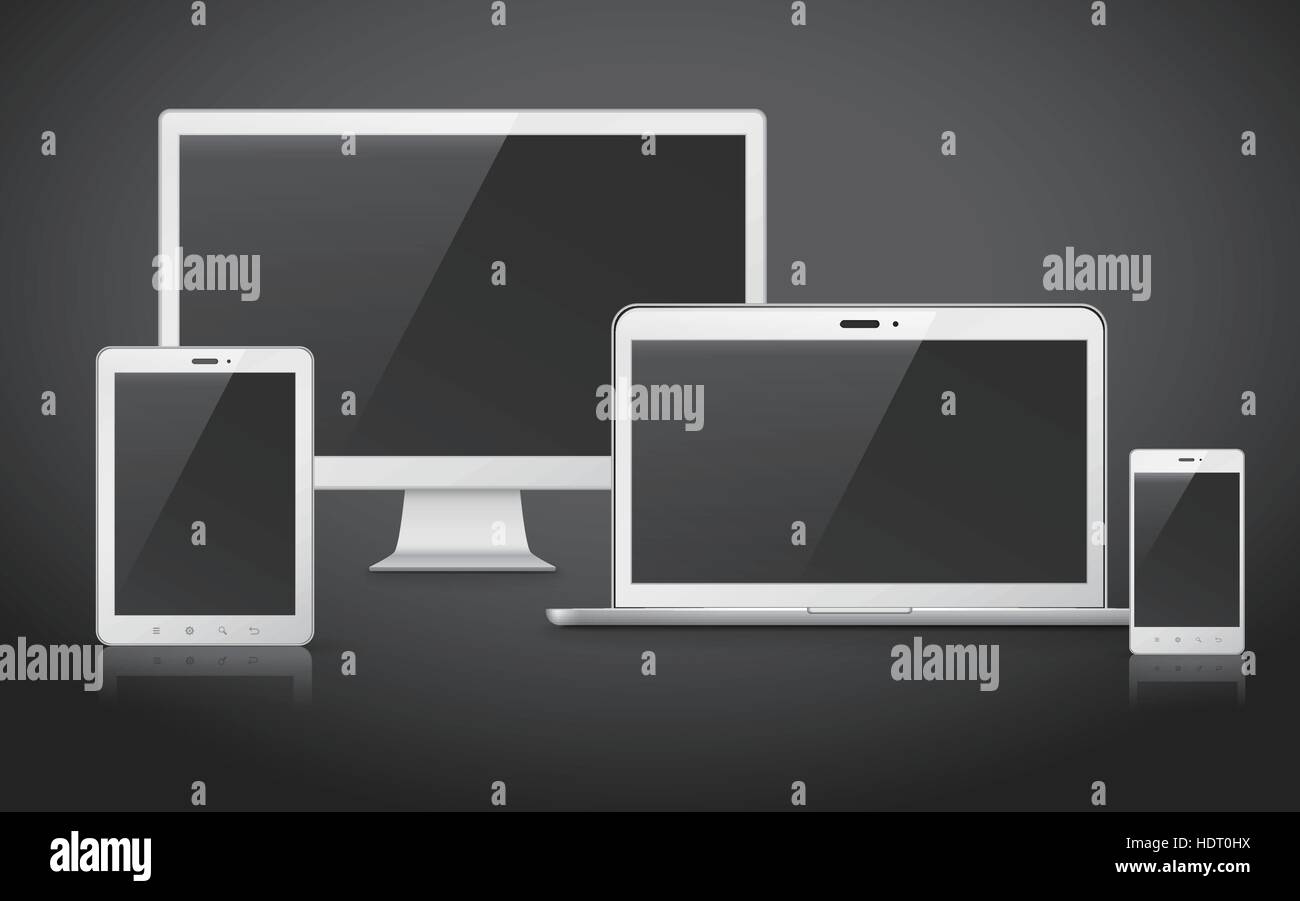 device set that includes TV, tablet, smart phone and laptop over black ...