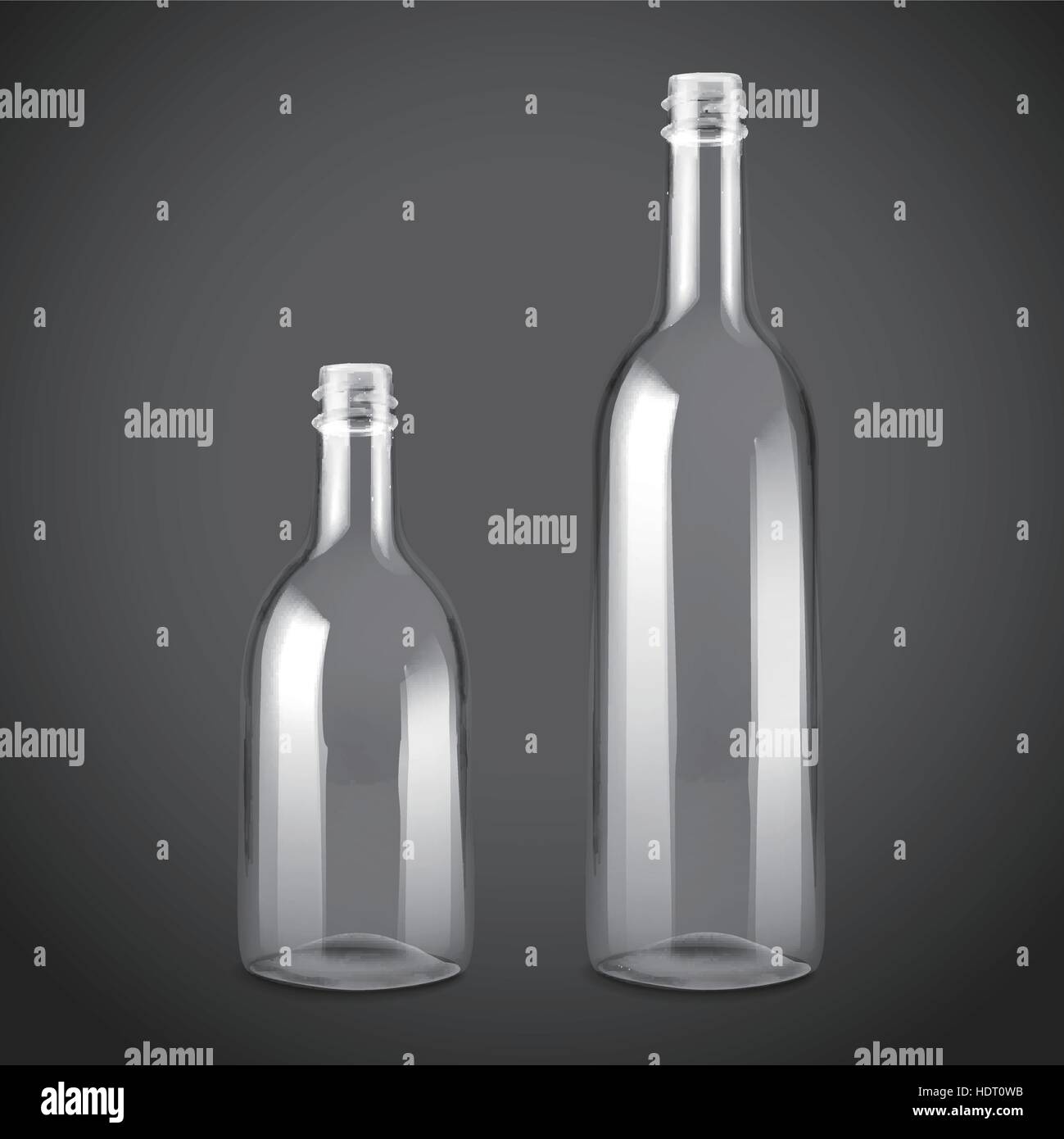 empty glass bottle set isolated on black background Stock Vector