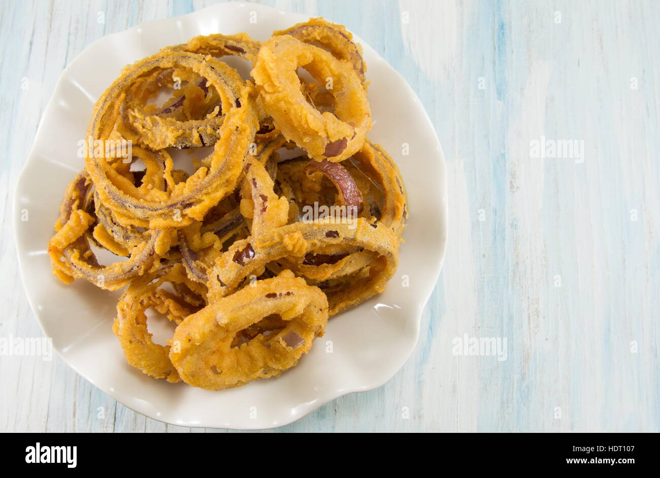 homemade beer battered onion rings close up Stock Photo