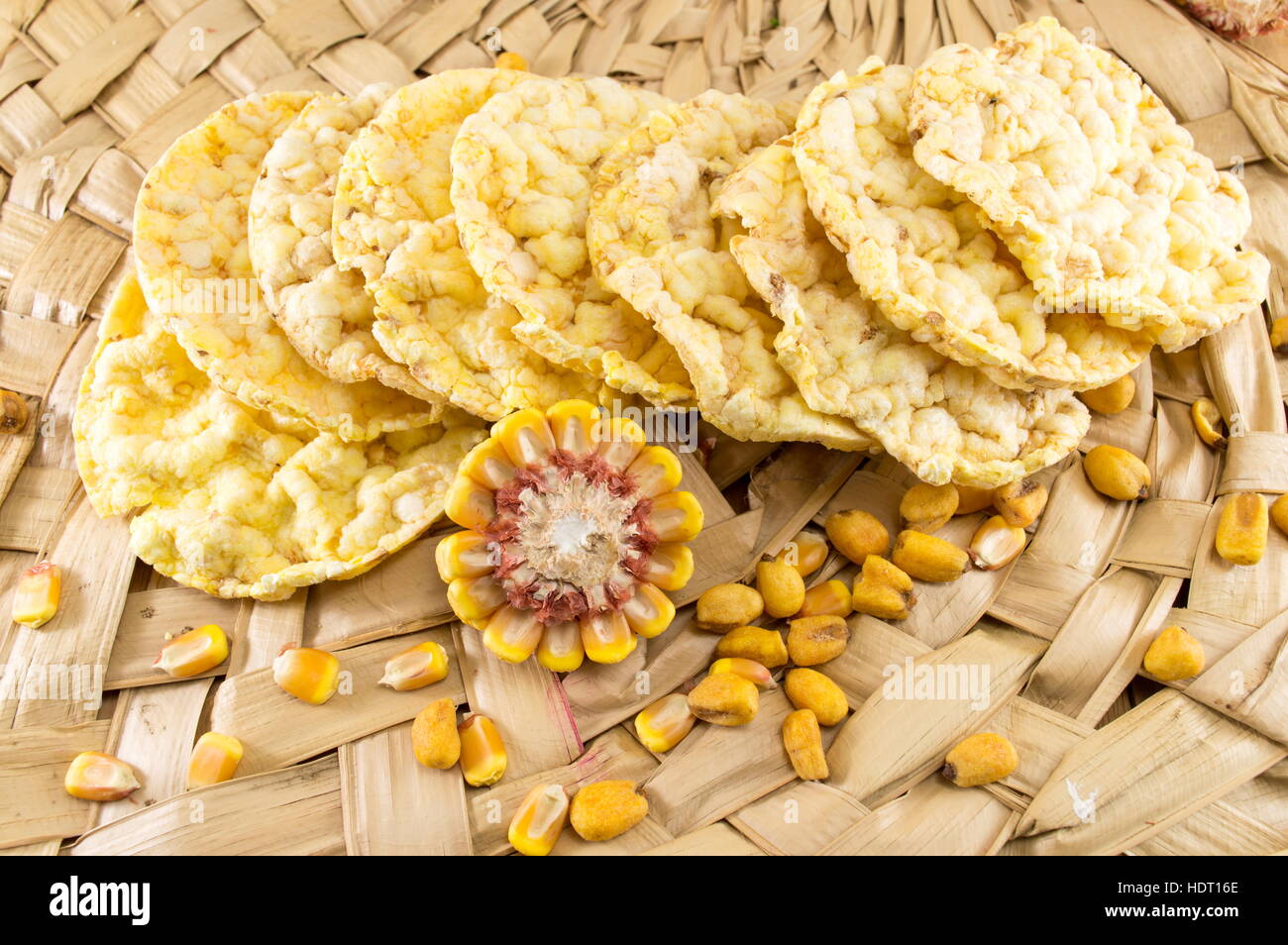 circle shaped corn snacks and corn kernels Stock Photo Alamy