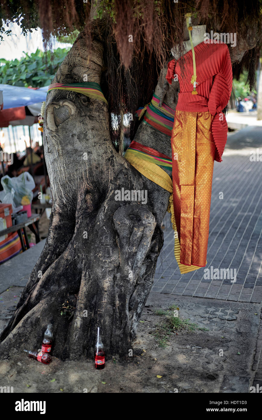 Superstition. Sacred tree, believed to possess the spirit of a deceased female, adorned with traditional dress and soft drinks. Thailand Asia Stock Photo