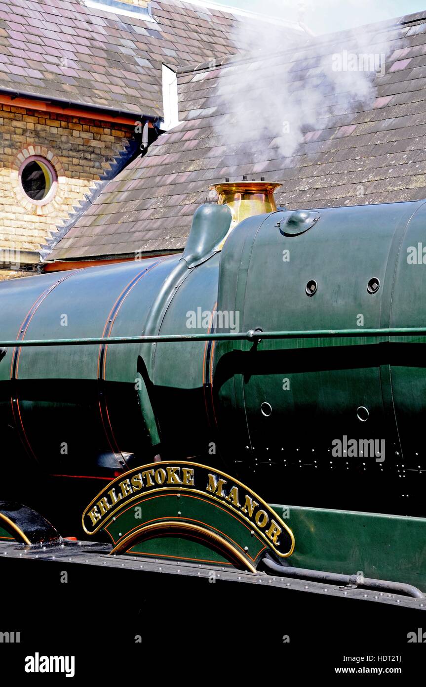 Steam Locomotive 7800 Class 4-6-0 Erlestoke Manor showing the brass safety valve surround and nameplate, Arley, UK. Stock Photo