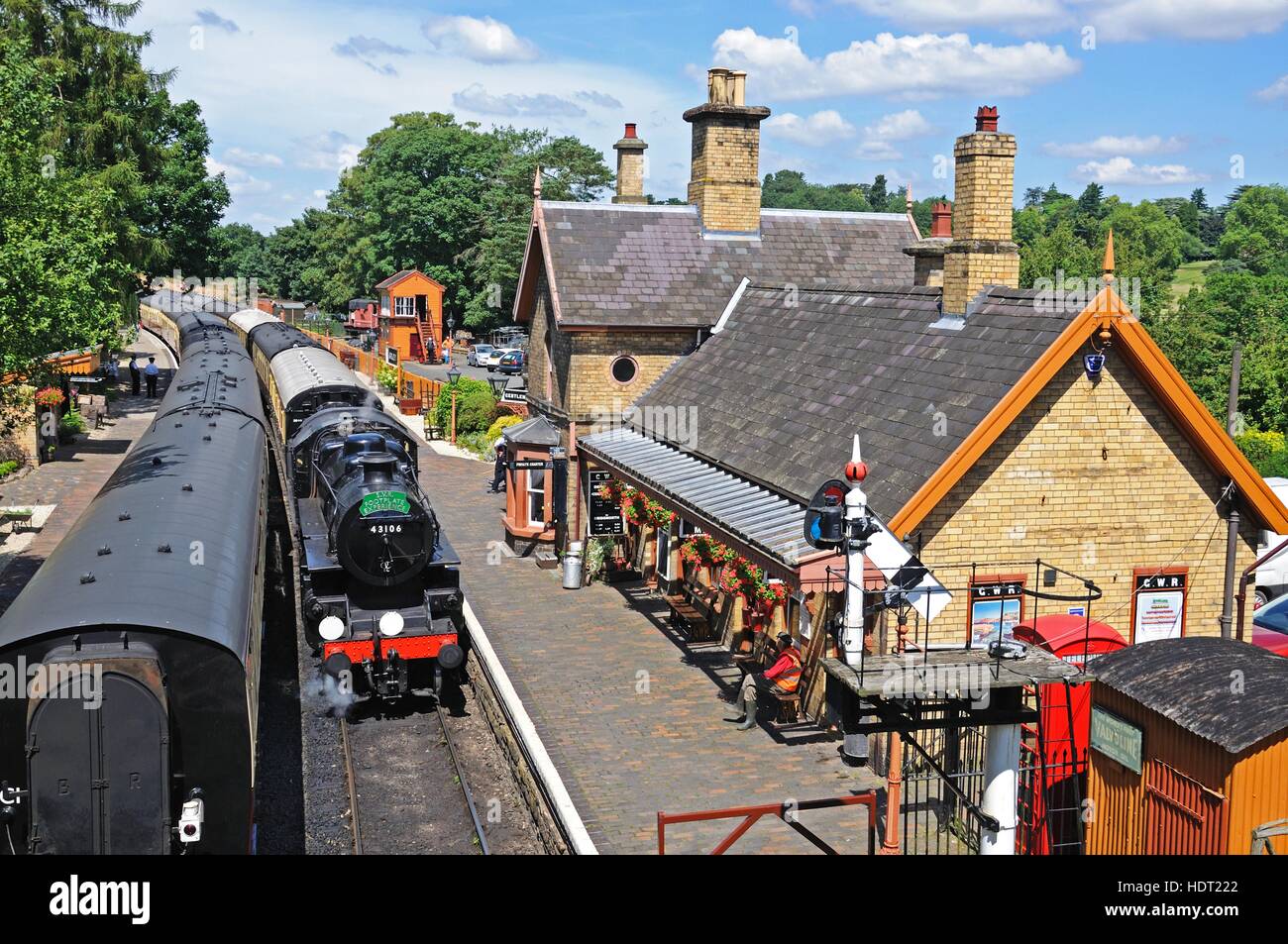 Steam Locomotive Ivatt Class 4 2-6-0 number 43106 in British Rail Black at the railway station, Severn Valley Railway, Arley, Worcestershire, England, Stock Photo