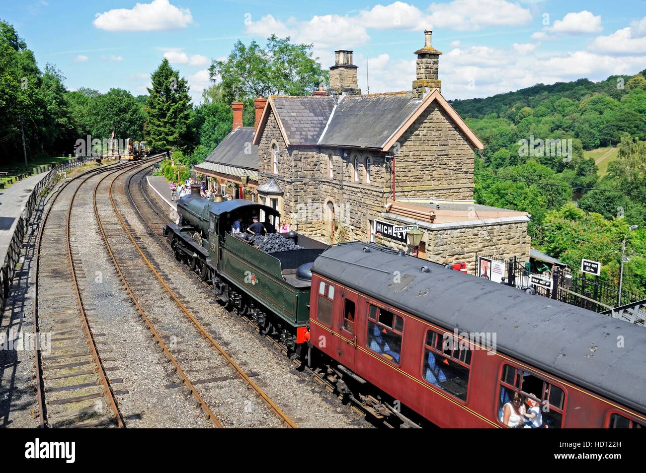 Steam Locomotive approaching the railway station, Highley, Worcestershire, England, UK, Western Europe. Stock Photo