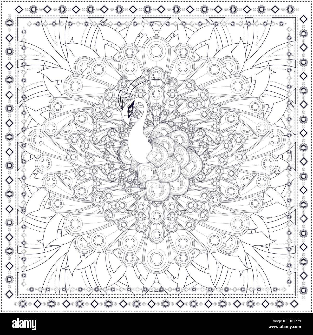 gorgeous peacock coloring page design in ethnic style Stock Vector