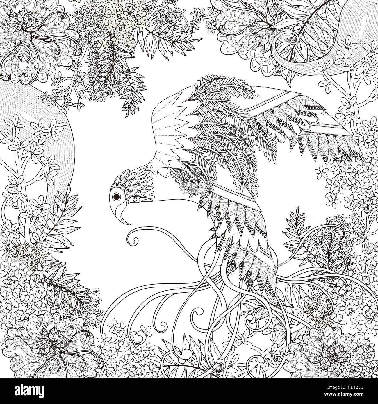 beautiful flying bird coloring page with floral elements in ...
