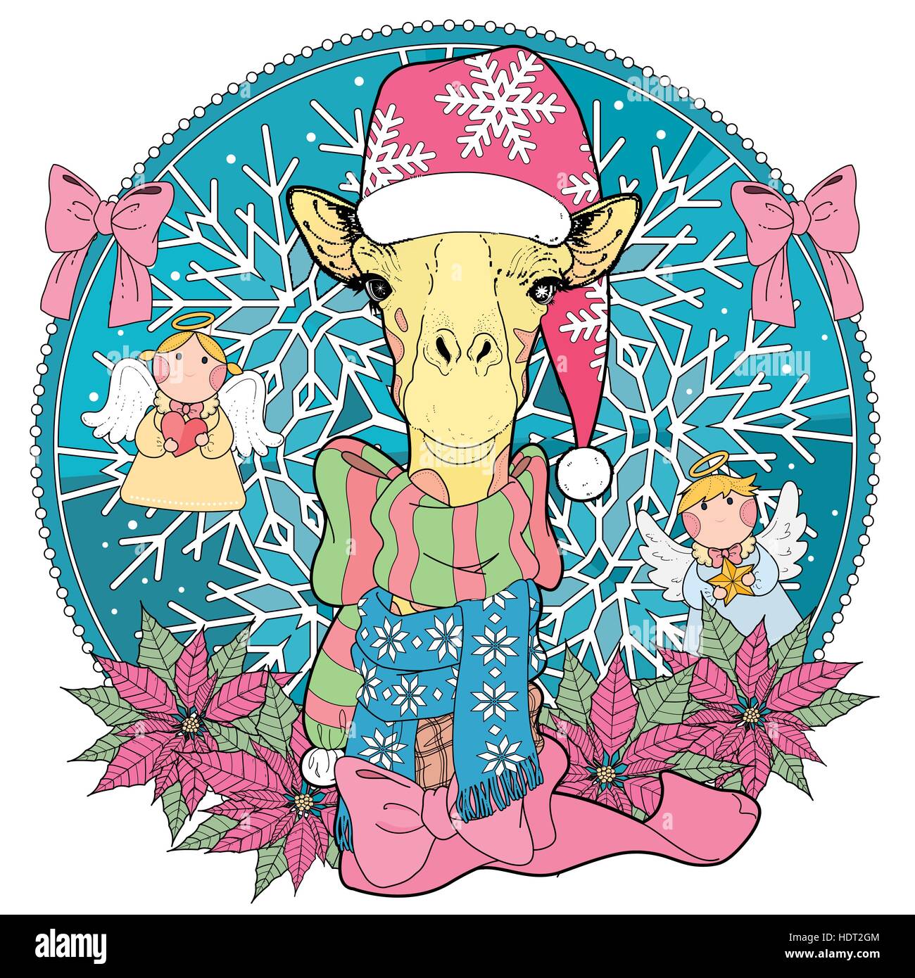 Christmas giraffe coloring page with decorations in exquisite line
