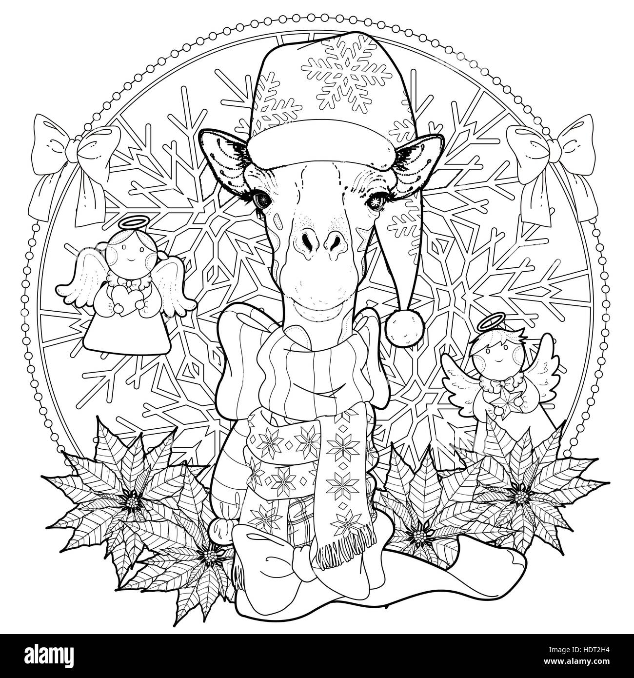 Christmas giraffe coloring page with decorations in exquisite line