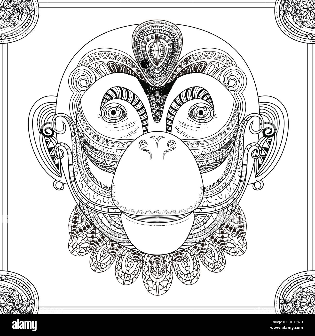 funny monkey head coloring page in exquisite line Stock Vector Image