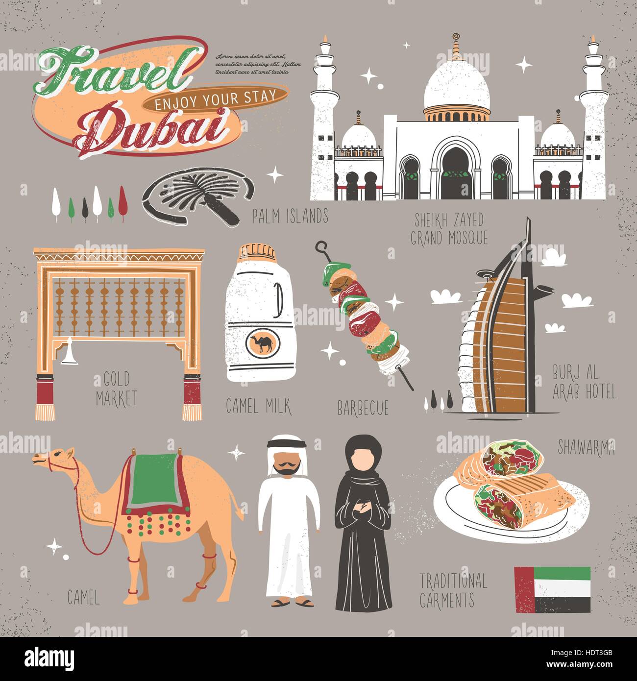 travel concept of Dubai in lovely flat style Stock Vector