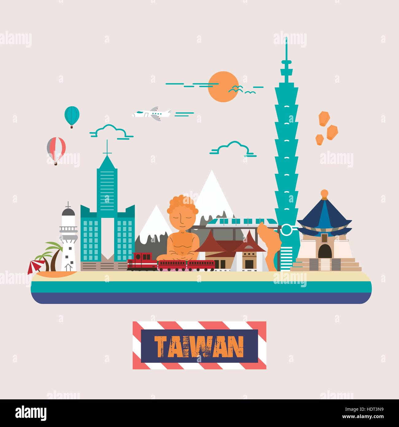 Taiwan attractions collection in flat design style Stock Vector