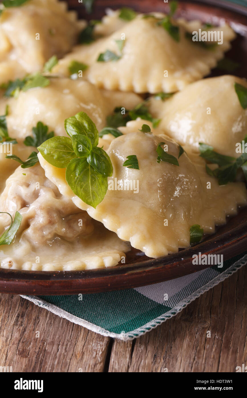 Hot ravioli and basil closeup on a brown plate. vertical, rustic style Stock Photo