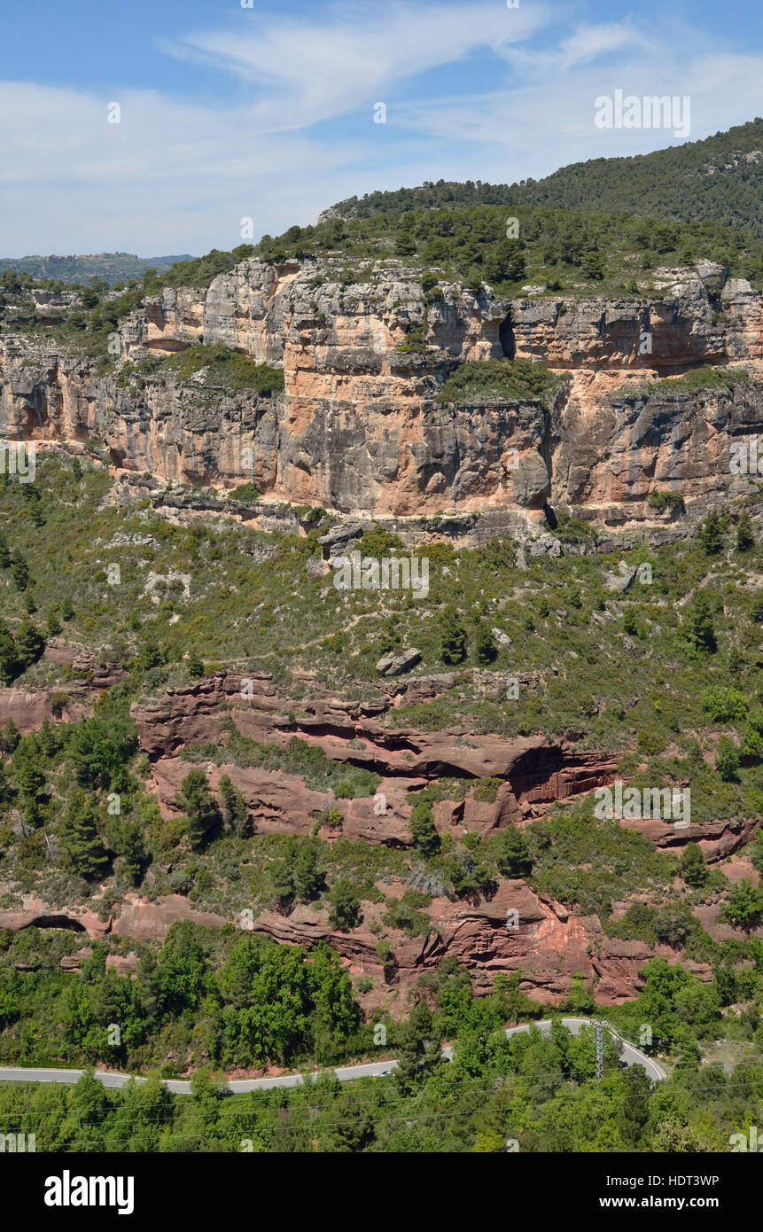 Siurana is a world-class climbing destination. There are steep walls, slabs, overhangs and other limestone landforms in the Prades mountains overgrown Stock Photo