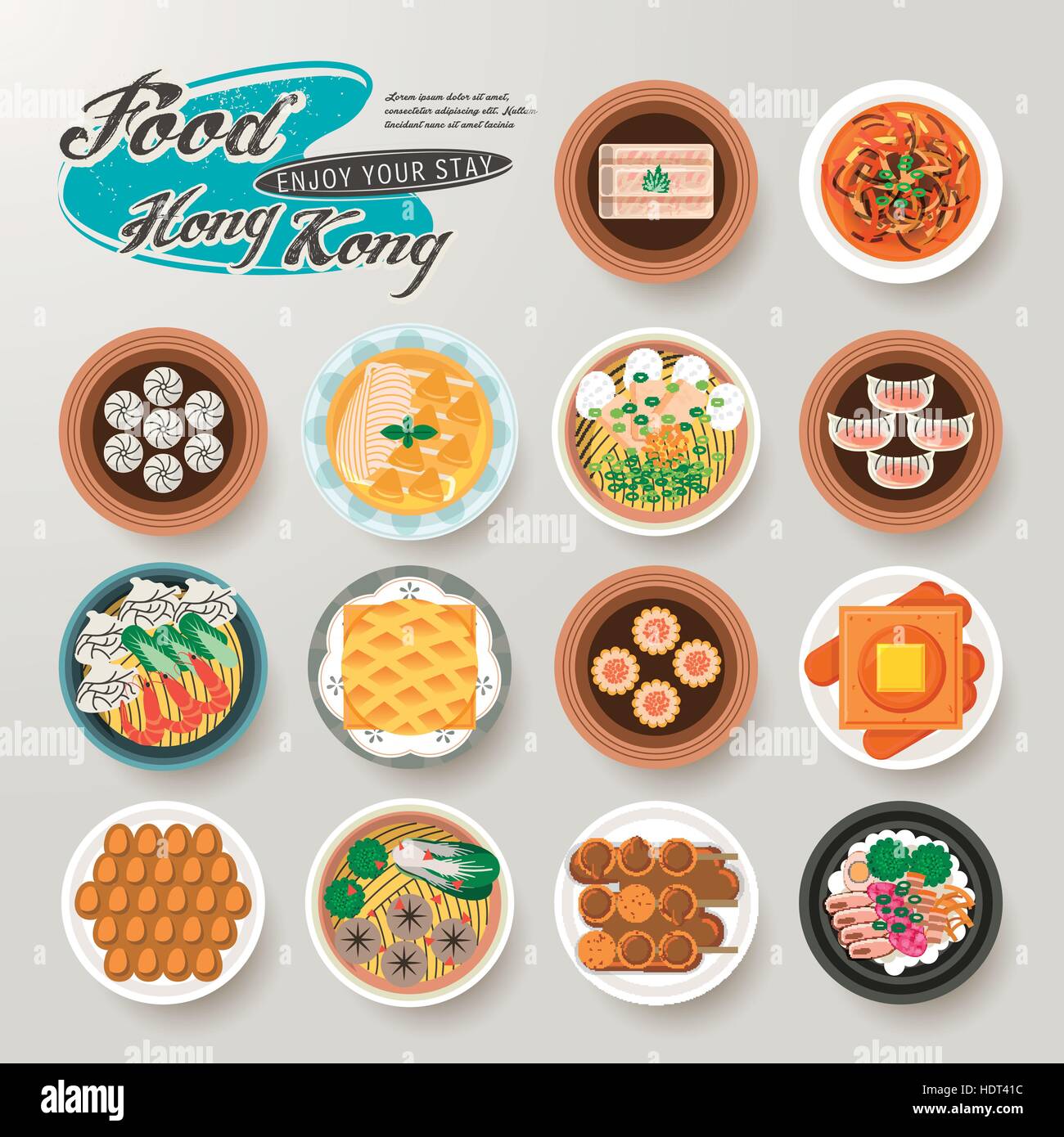 top view of delicious Hong Kong dishes collection in flat style Stock Vector