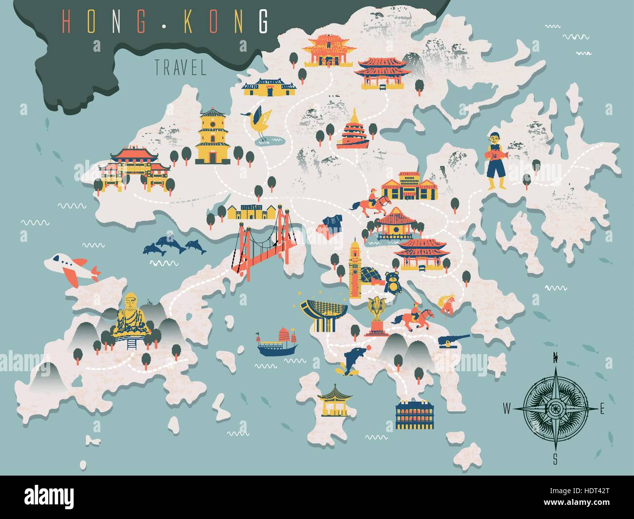 attractive Hong Kong travel map with attractions icons in flat design