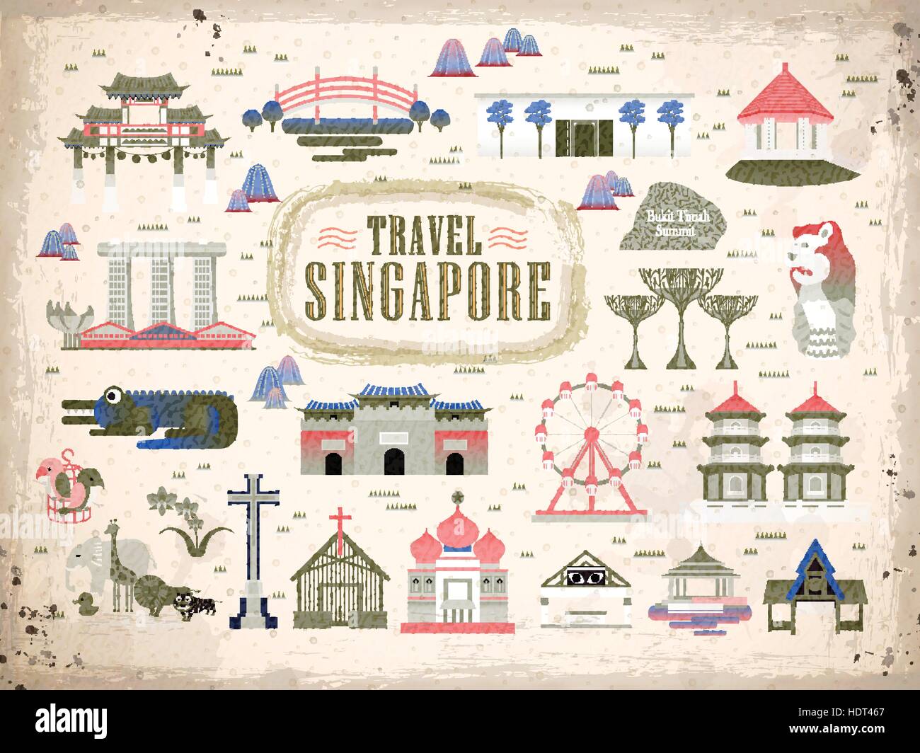 Singapore must see attractions collection in flat style Stock Vector