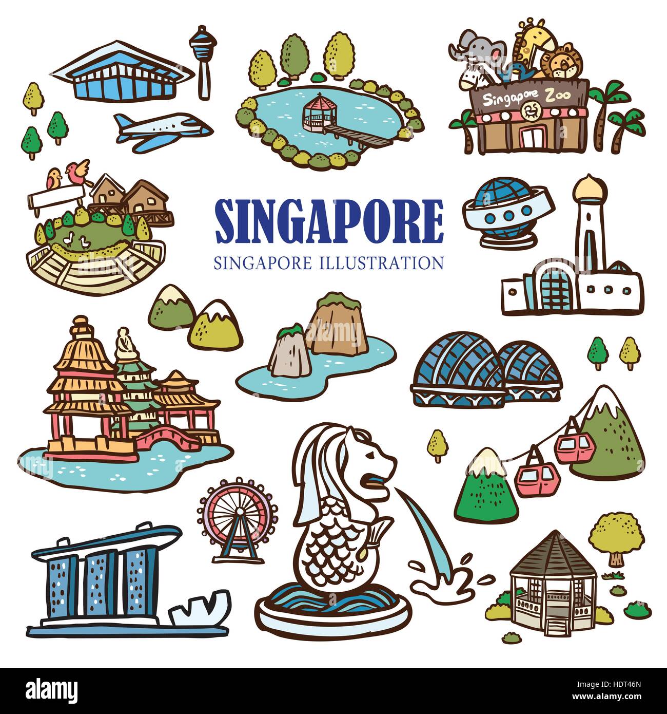 Singapore must see attractions collection in hand drawn doodle style Stock Vector