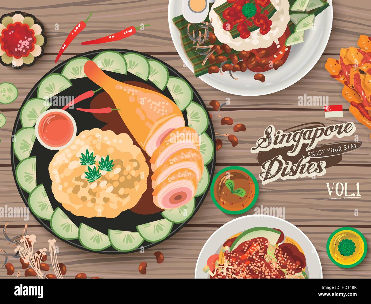 top view of Singapore traditional delicacies on wooden table Stock Vector