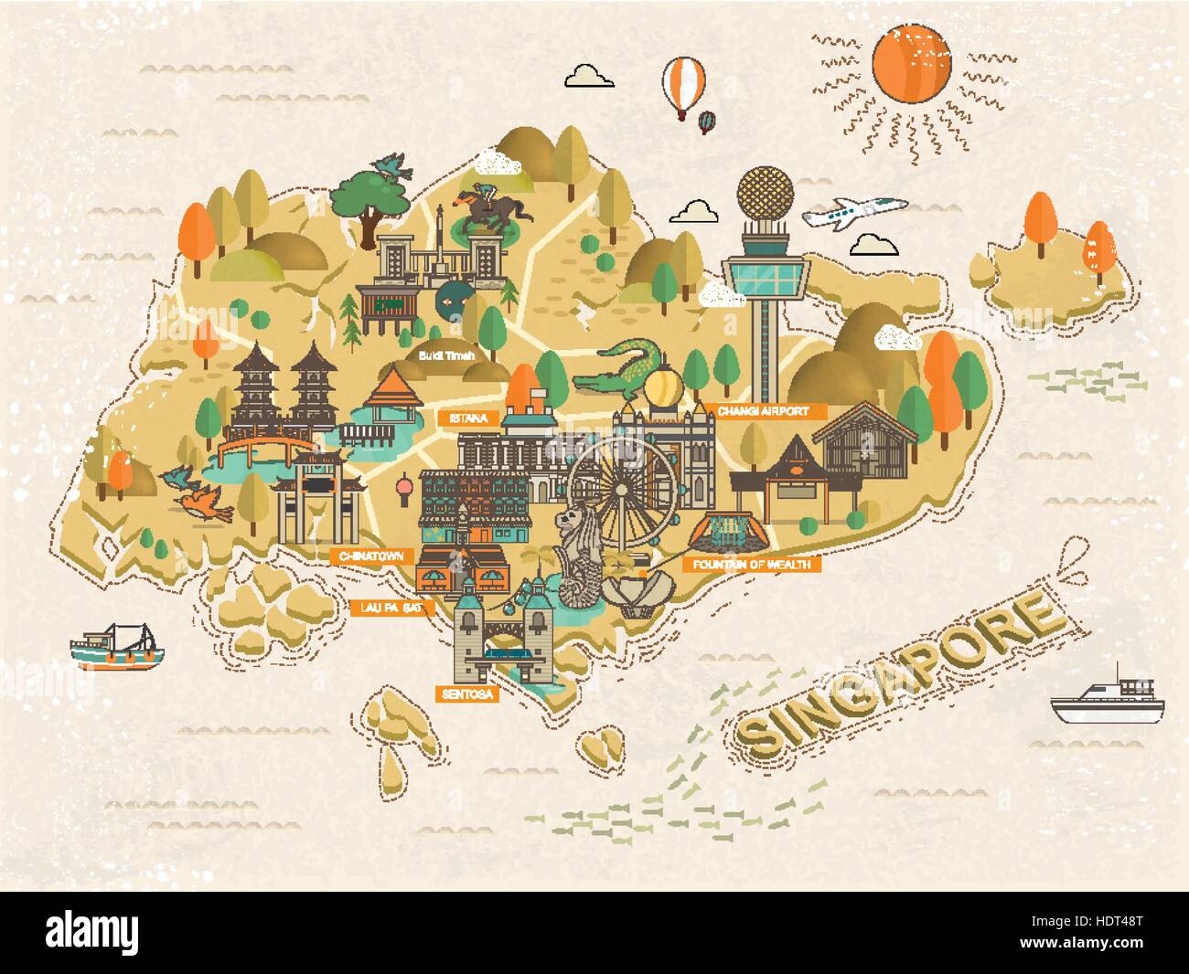 lovely Singapore must see attractions travel map Stock Vector