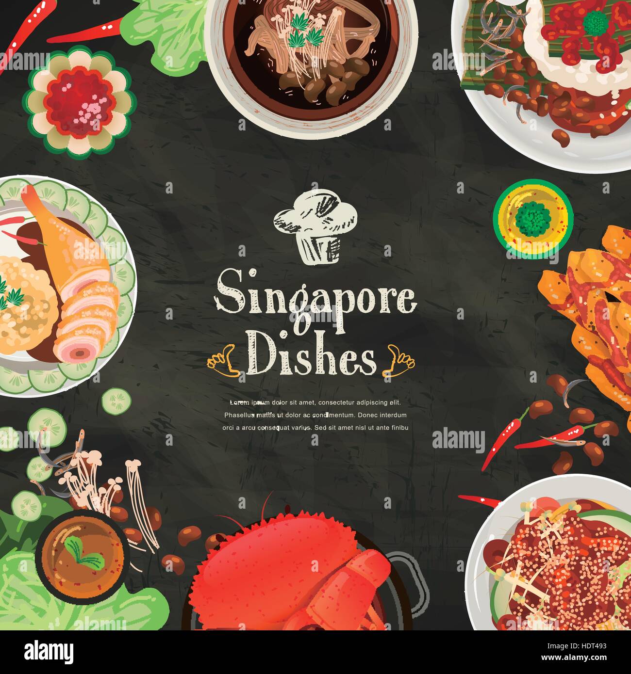 top view of Singapore traditional delicacies in flat style Stock Vector