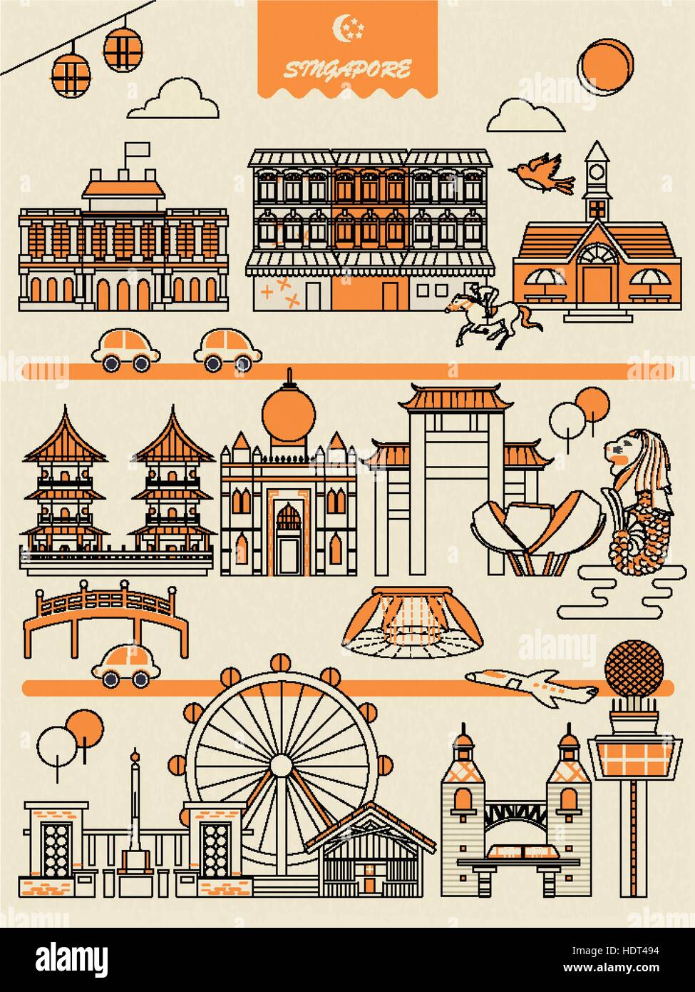 Singapore must see attractions poster in flat style Stock Vector