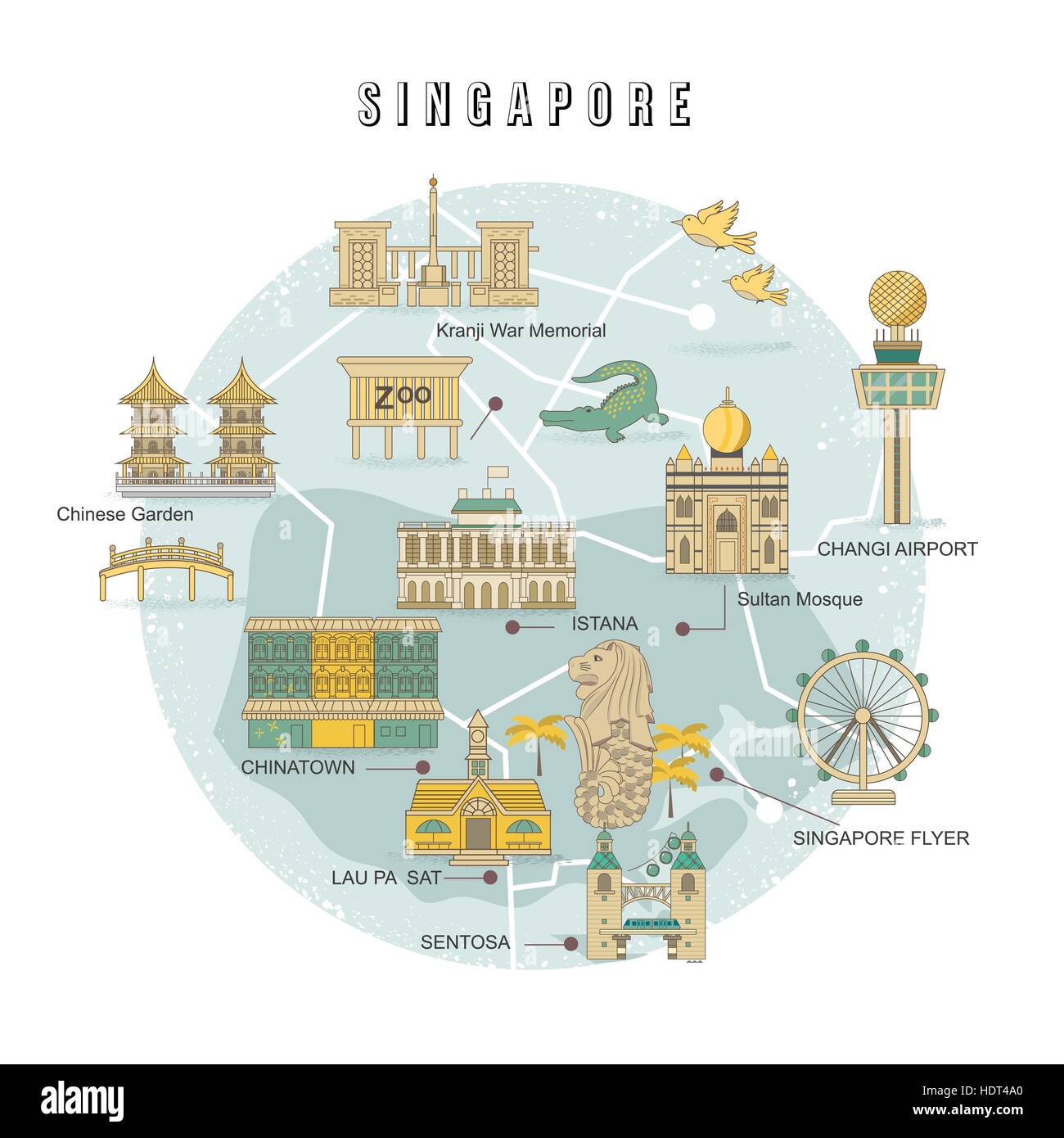 Singapore must see attractions collection in flat style Stock Vector