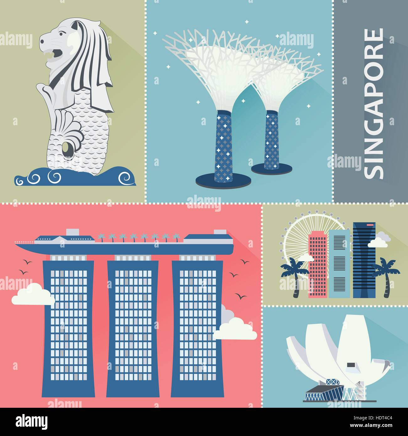 Singapore travel attractions collection in flat style Stock Vector