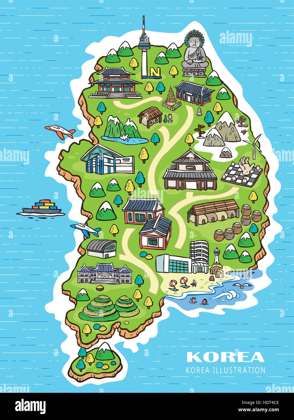 lovely Korea travel concept map in hand drawn style Stock Vector