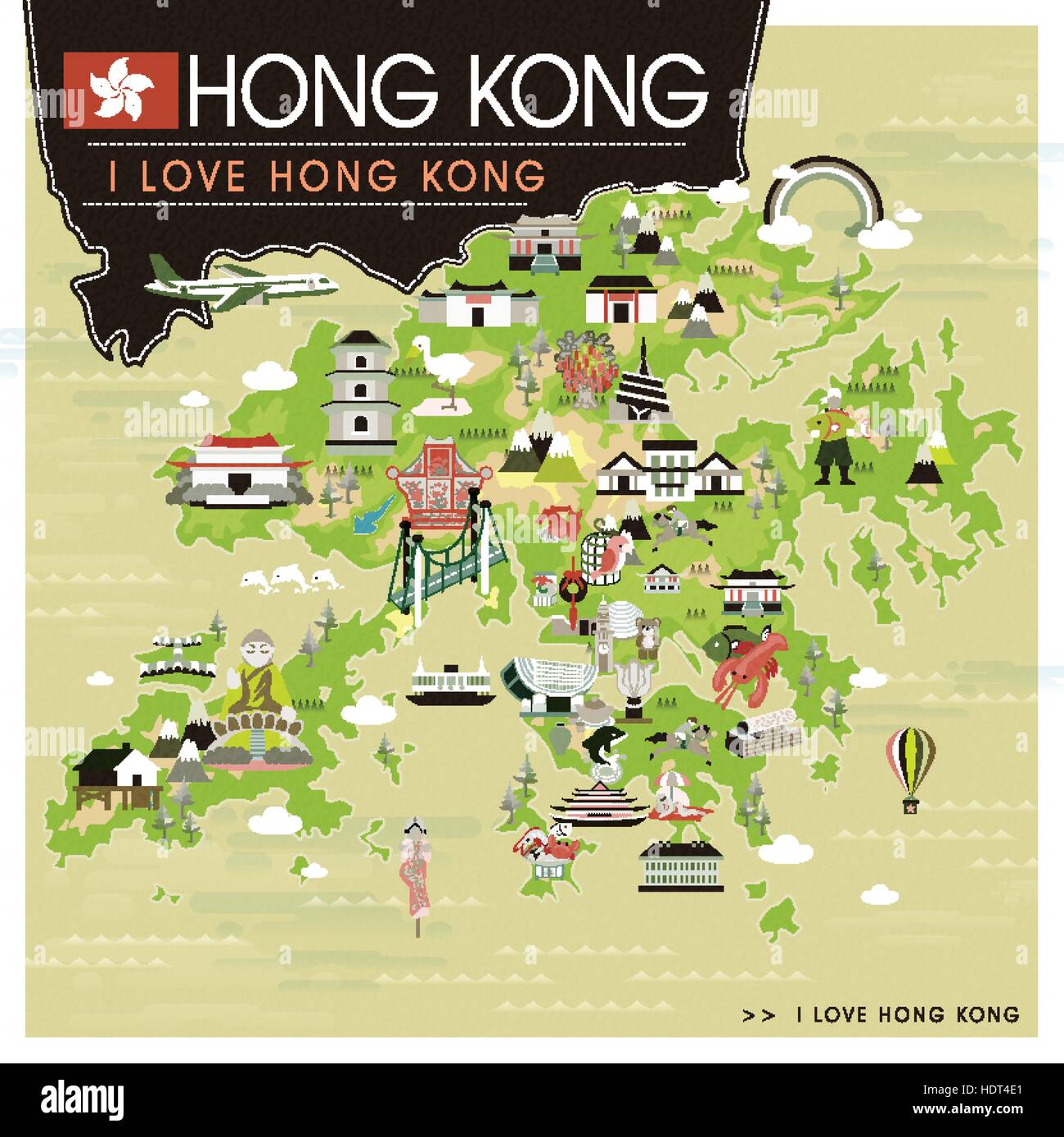 Hong Kong travel map with attractions in flat design Stock Vector