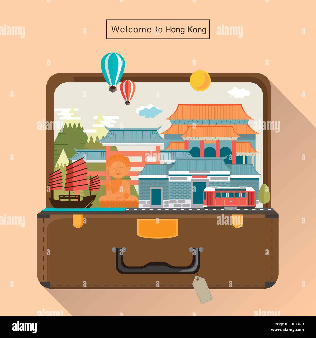 creative Hong Kong travel attractions in luggage Stock Vector