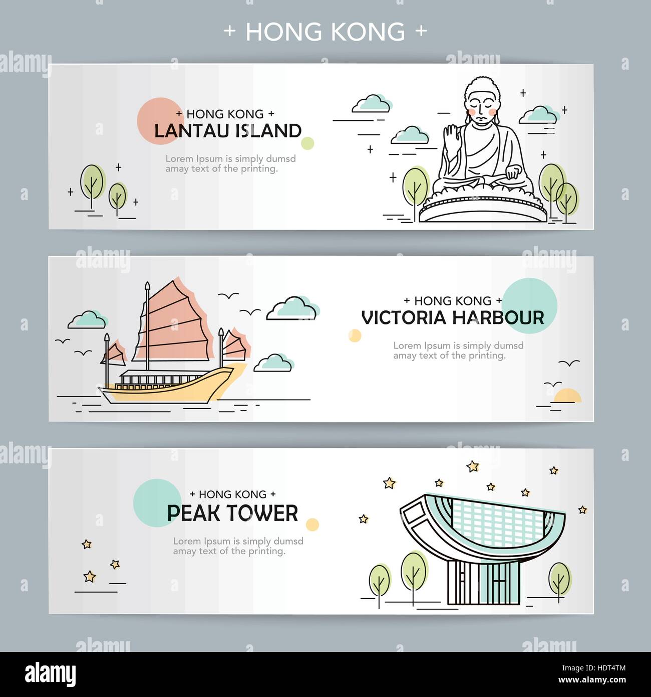 attractive Hong Kong travel banner design in thin line style Stock