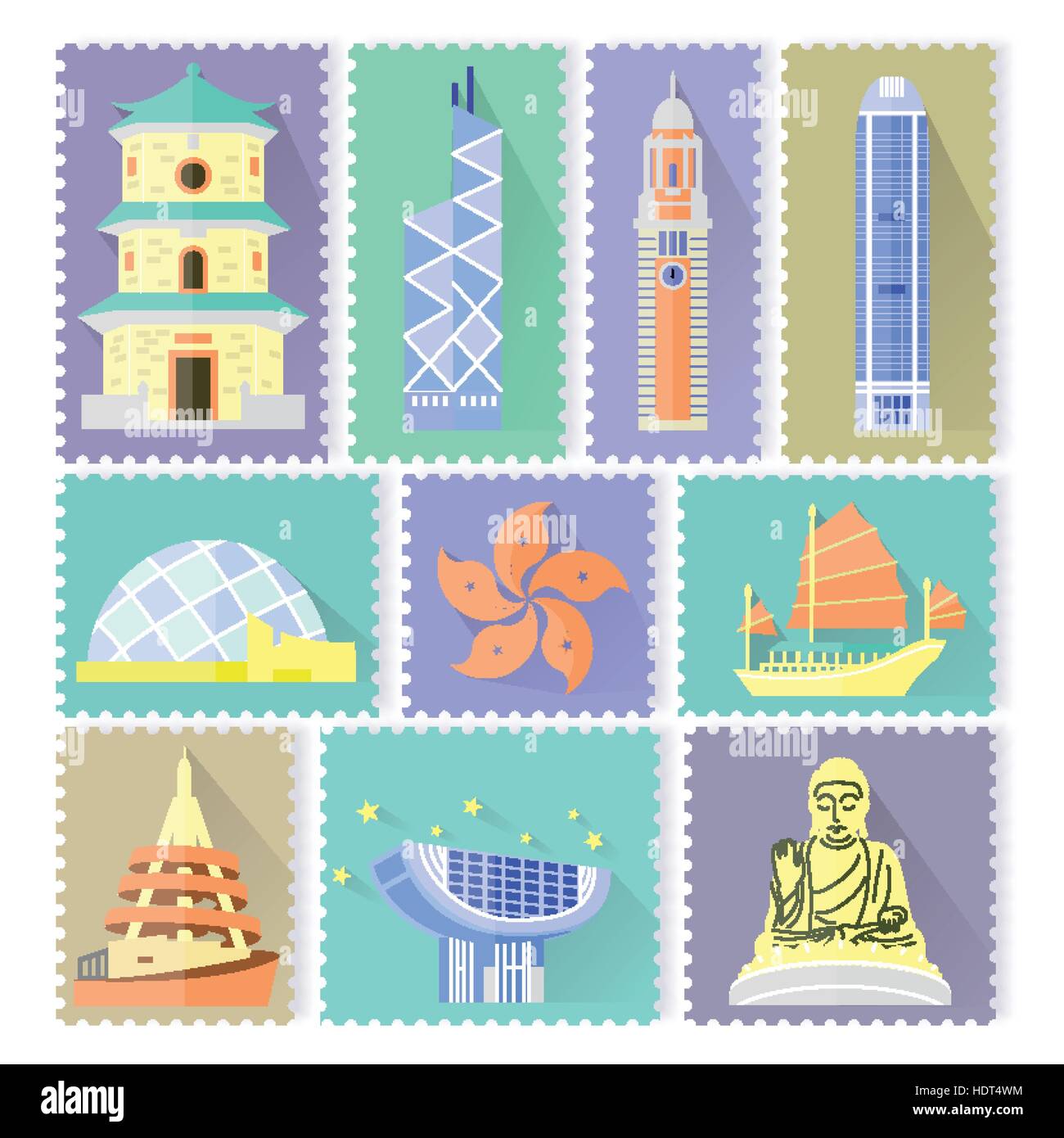creative Hong Kong travel attractions stamp design Stock Vector