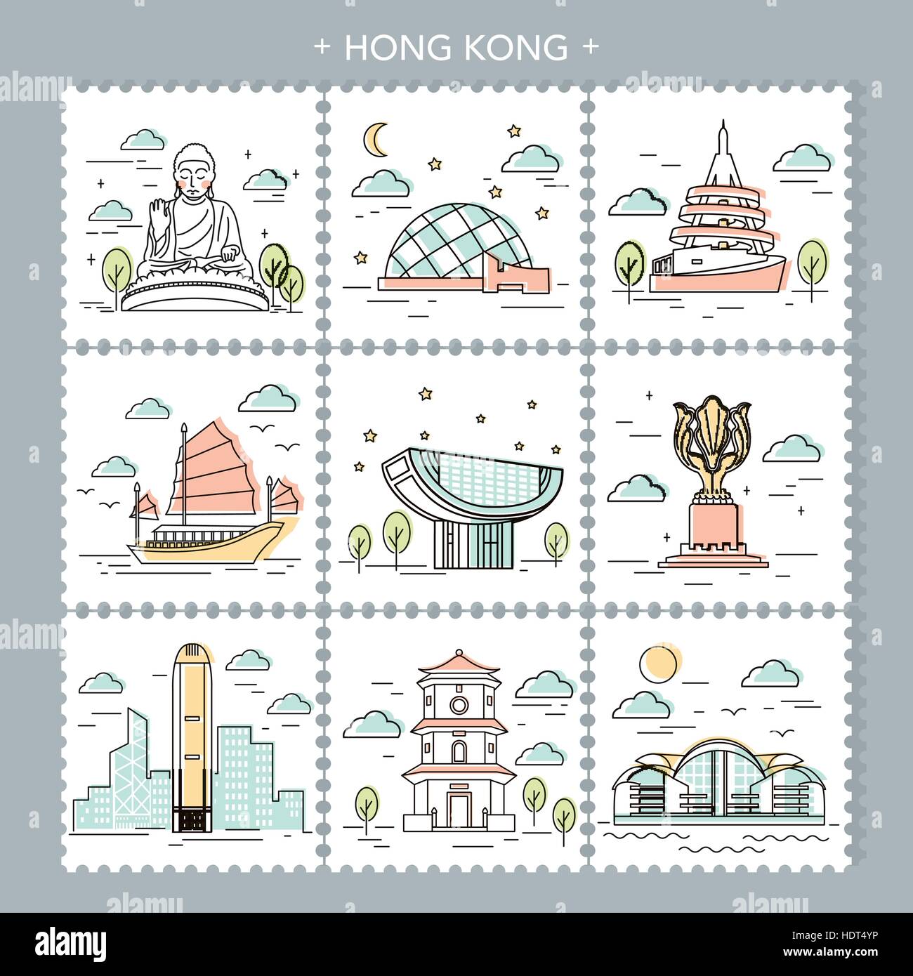 creative Hong Kong travel attractions stamp design Stock Vector
