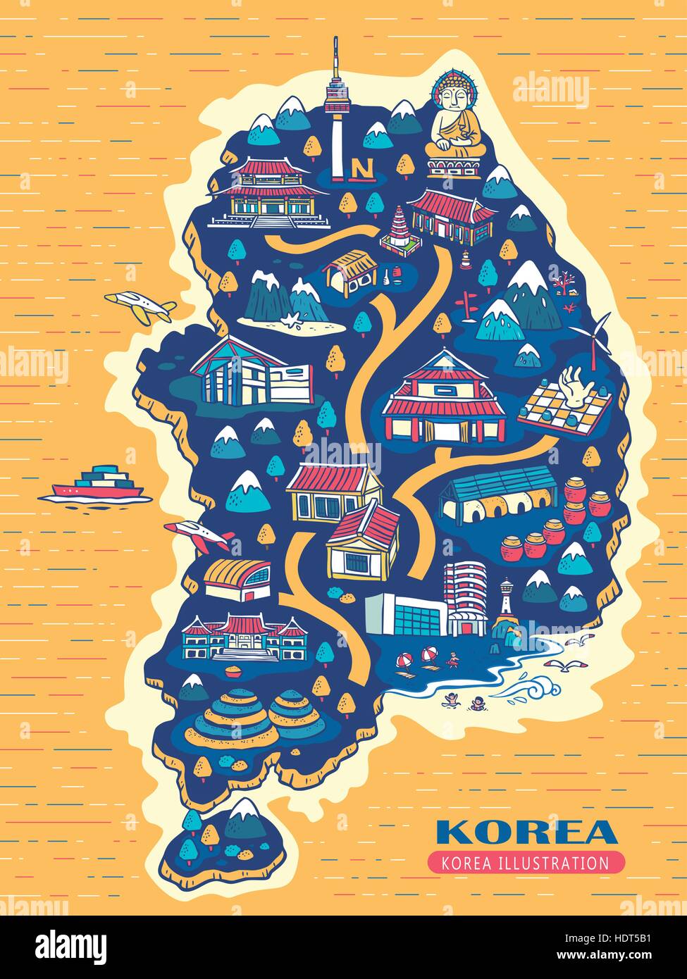 lovely hand drawn South Korea travel map Stock Vector