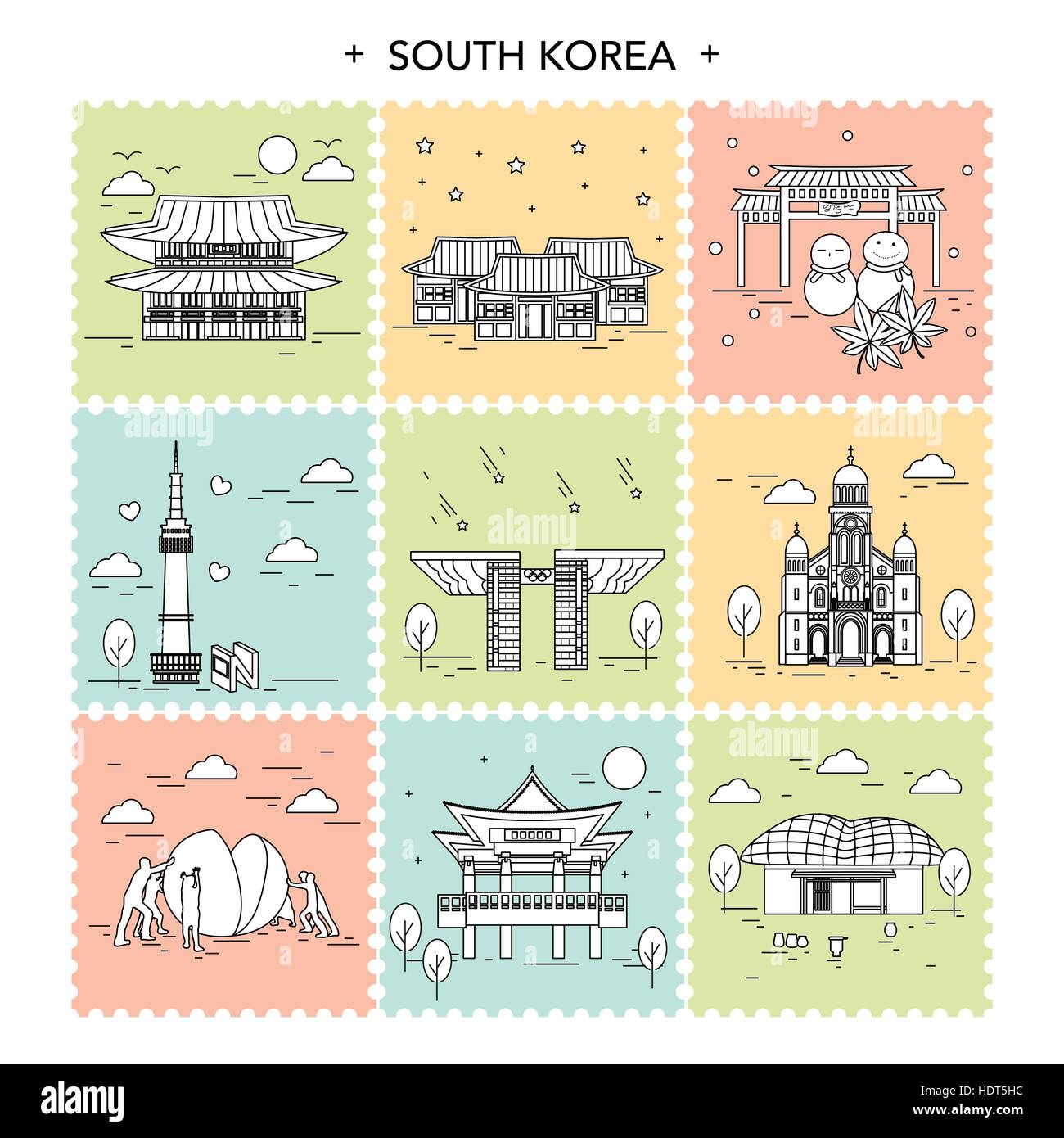 creative South Korea travel collections in stamps set Stock Vector