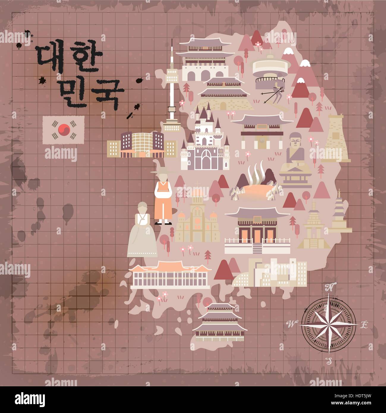 retro South Korea travel poster design Korea in Korean words on upper left Stock Vector Image