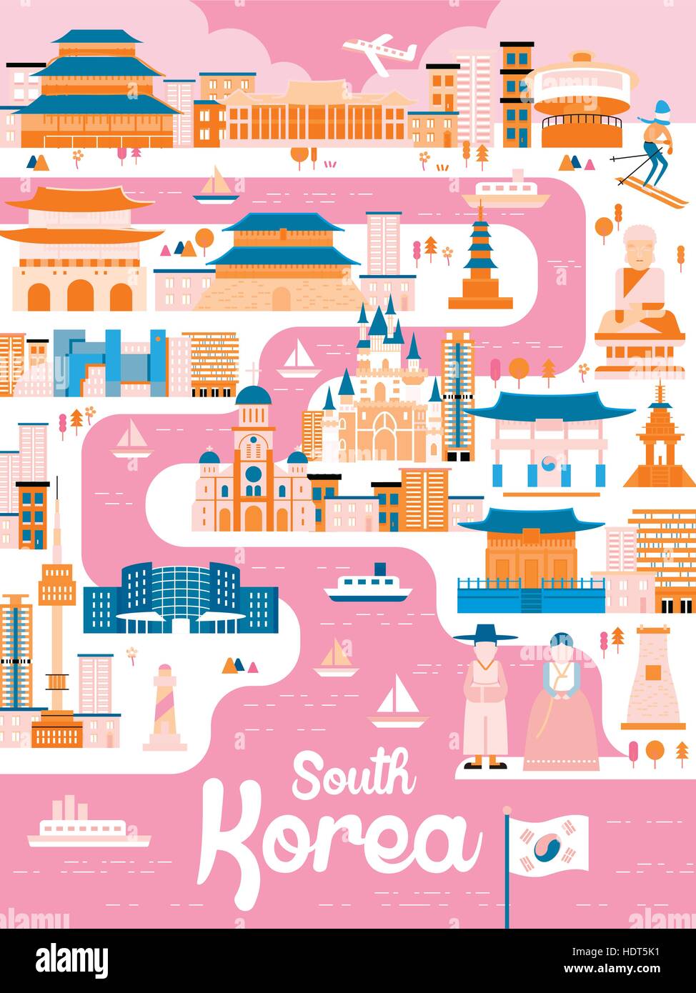 amazing South Korea travel poster in flat style Stock Vector