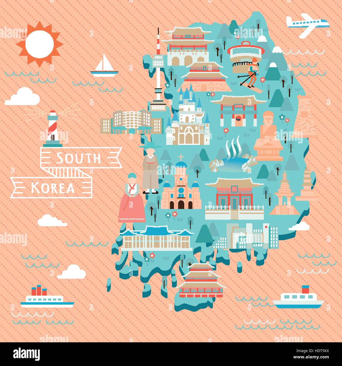 lovely South Korea travel map in flat style Stock Vector