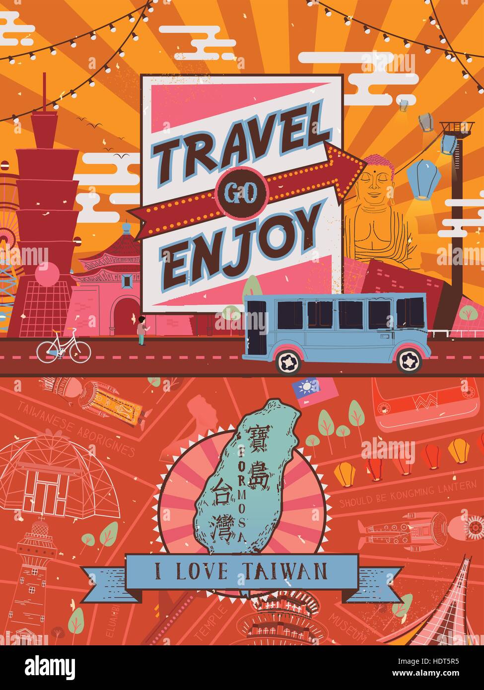 lovely Taiwan travel poster design with famous attractions - Taiwan Formosa in Chinese word on the island Stock Vector