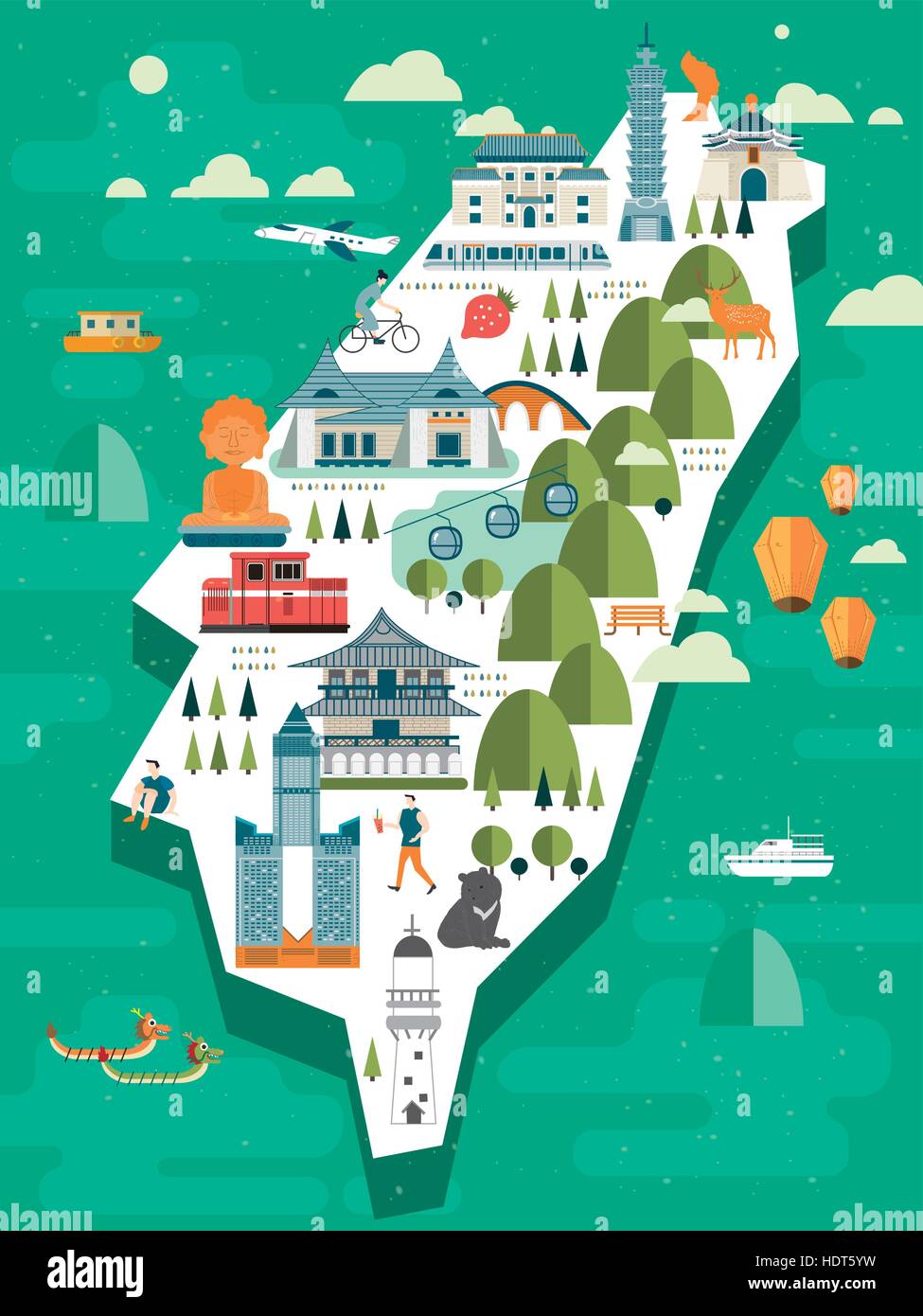 lovely Taiwan travel map design in flat style Stock Vector