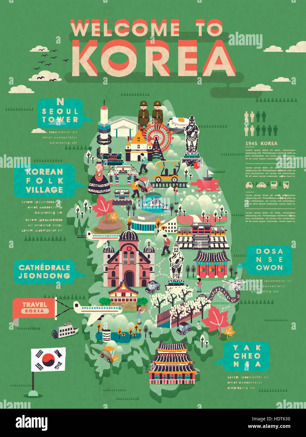 lovely South Korea travel map with abundant attractions Stock Vector