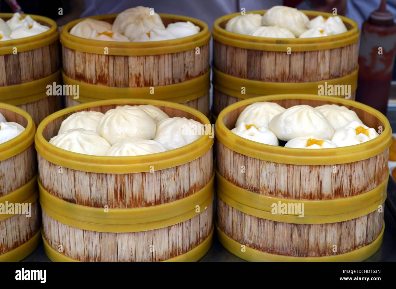 Chinese dumplings wooden steamer at Wangfujing street in China Stock Photo