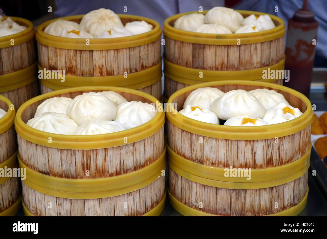 Chinese dumplings wooden steamer at Wangfujing street in China Stock Photo