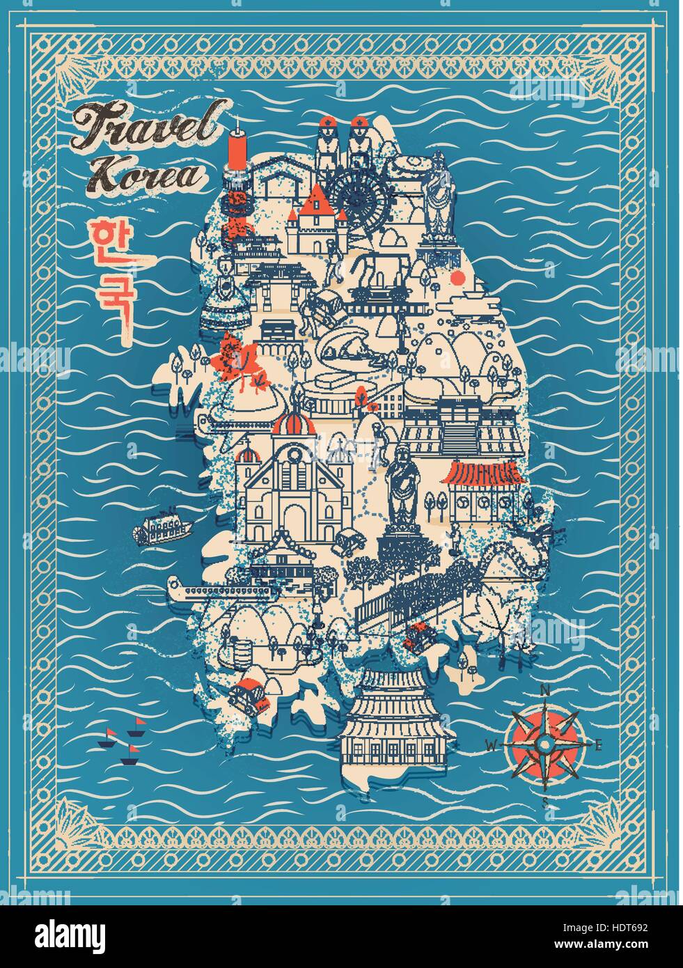 retro South Korea travel map in thin line style - Korea in Korean words on upper left Stock Vector