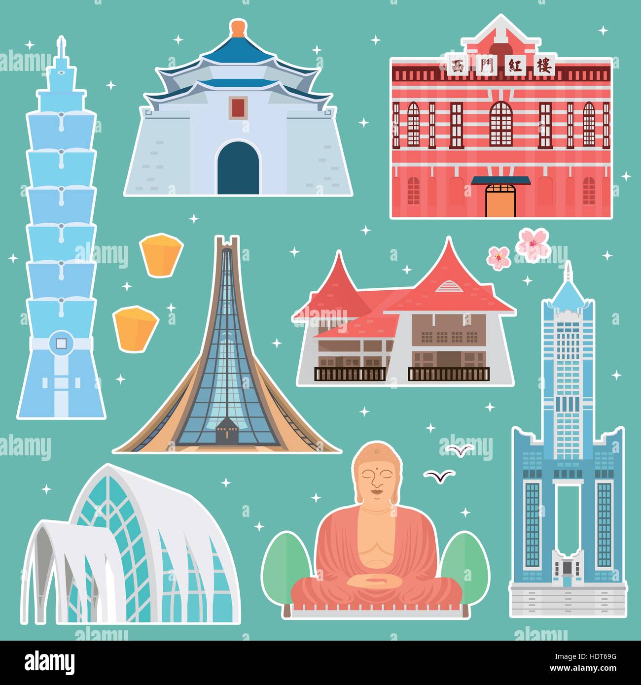 lovely Taiwan travel concept collections set in flat style Stock Vector