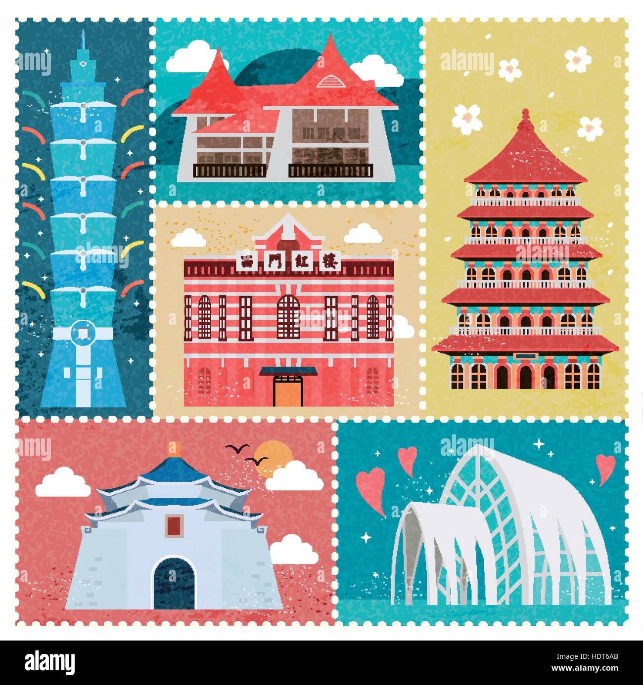 lovely Taiwan travel attractions stamp design collection Stock Vector