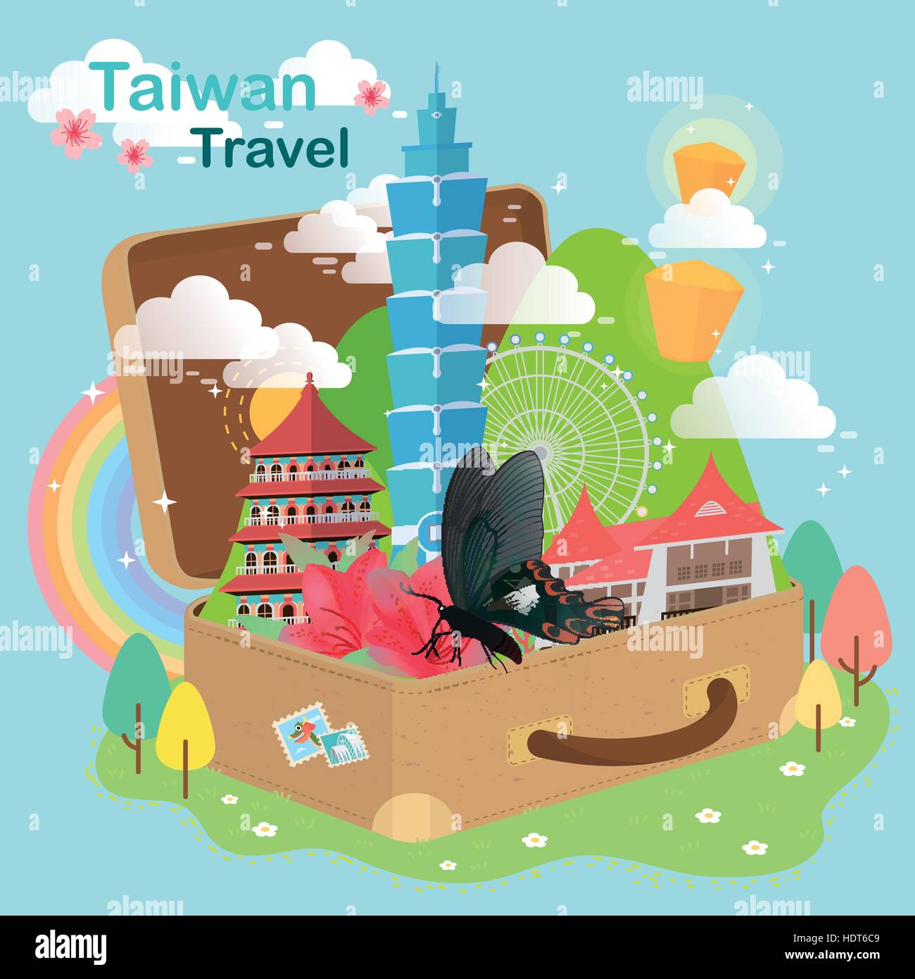 adorable Taiwan travel concept - attractions in luggage Stock Vector