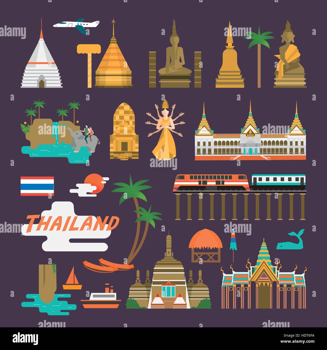 simplicity Thailand travel concept collection set in flat style Stock Vector