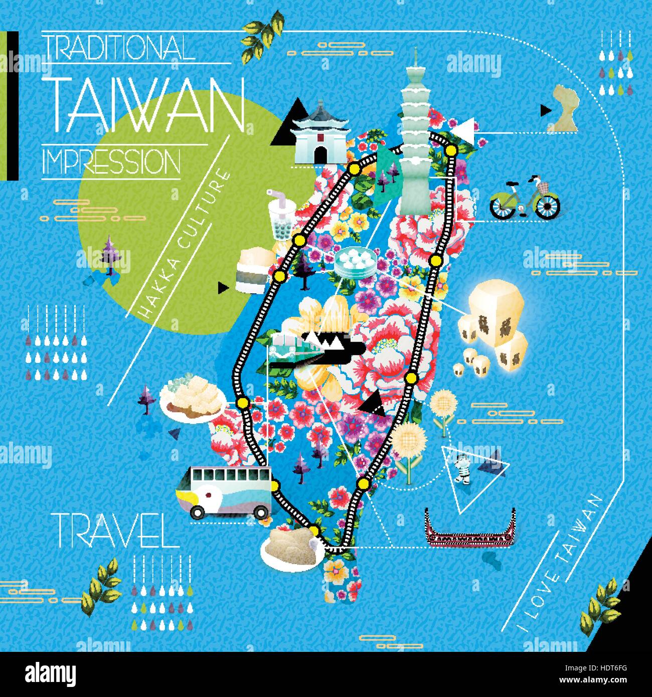 beautiful Taiwan attractions map with hakka floral pattern - blessing word in chinese on the sky lantern Stock Vector