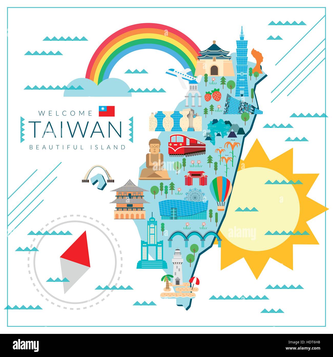 lovely Taiwan travel map design in flat style Stock Vector